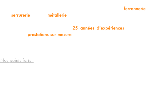 M.A.S Pro Métal est une société basée dans l’Hérault (34), créée en 2008, qui propose son savoir-faire dans les domaines de la ferronnerie, de la serrurerie et de la métallerie.

Nous mettons à votre service nos 25 années d’expériences pour vous proposer des prestations sur mesure. Nous travaillons le métal sous toutes ses formes, aussi bien pour l’aménagement d’espaces publics que pour les particuliers.

Nos points forts :
 modèles uniques,
 réalisations sur mesure,
 suivi du travail par la même personne de la prise de mesure jusqu’à la pose,
 garantie décennale,
 qualité d’écoute avec conseils personnalisés,
 devis gratuit avec tarif étudié au cas par cas.